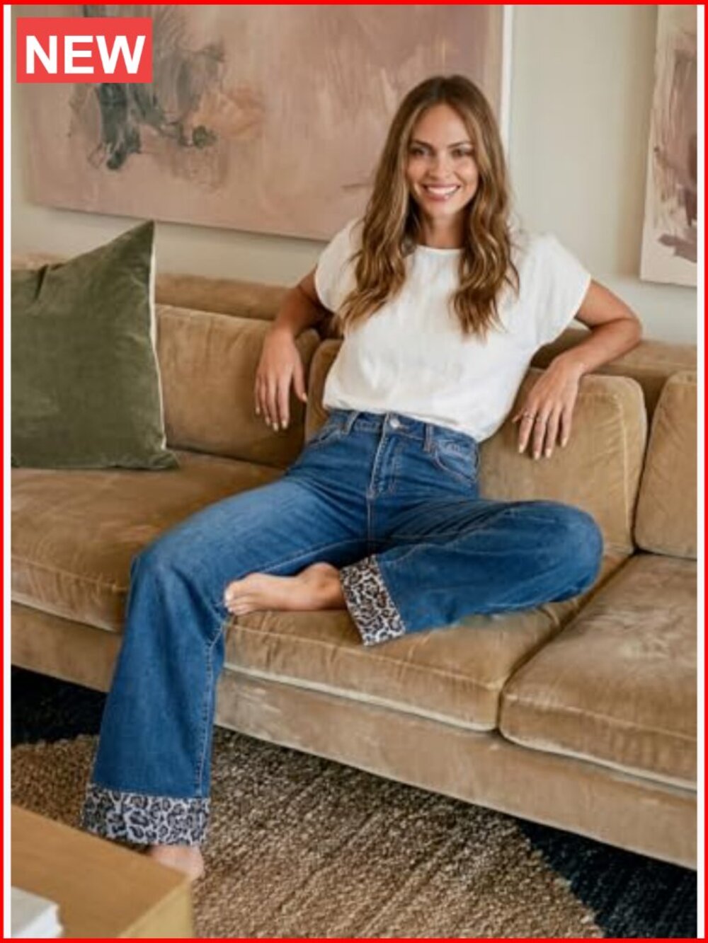Wide Leg Leopard Jeans High Waisted Stretch Button Denim Pants with Pockets - Picture 5 of 6